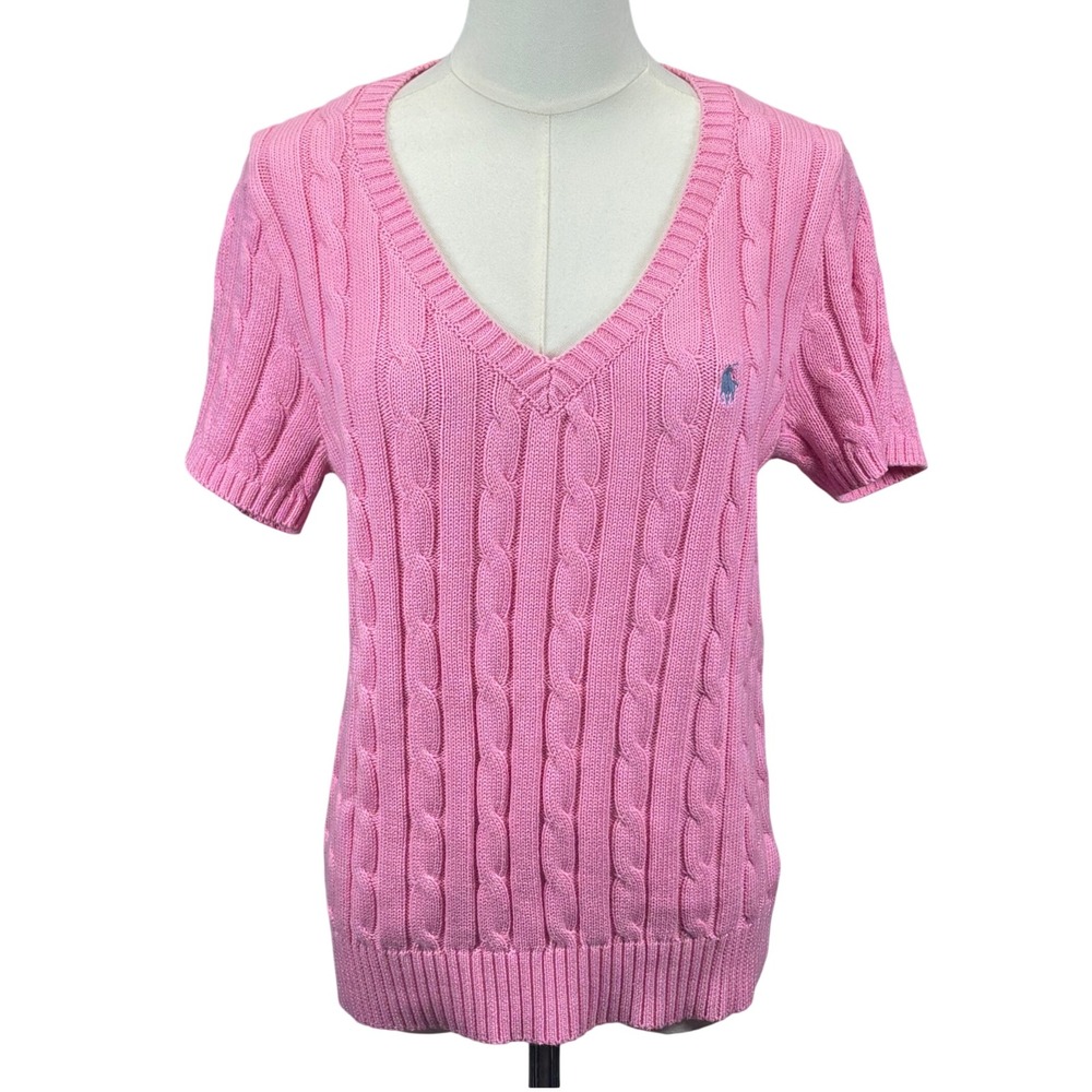 Polo Ralph Lauren Cable Knit Sweater Short Sleeve Pink VNeck Logo Preppy Women L